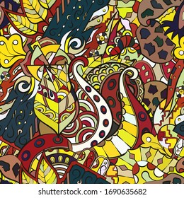 Tracery seamless pattern. Mehndi design. Ethnic colorful doodle texture. Curved doodling background. Vector