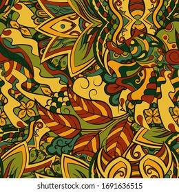 Tracery seamless pattern. Mehndi design. Ethnic colorful doodle texture. Curved doodling background. Vector