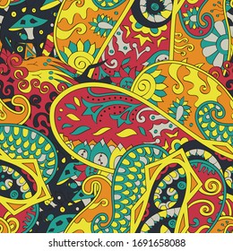 Tracery seamless pattern. Mehndi design. Ethnic colorful doodle texture. Curved doodling background. Vector