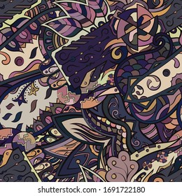 Tracery seamless pattern. Mehndi design. Ethnic colorful doodle texture. Curved doodling background. Vector