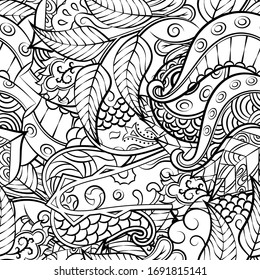 Tracery seamless pattern. Mehndi design. Ethnic monochrome binary doodle texture. Curved doodling black and white background. Vector