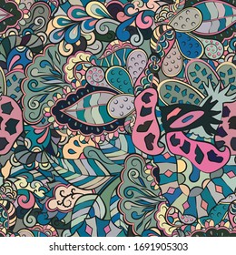 Tracery seamless pattern. Mehndi design. Ethnic colorful doodle texture. Curved doodling background. Vector
