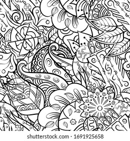 Tracery seamless pattern. Mehndi design. Ethnic monochrome binary doodle texture. Curved doodling black and white background. Vector