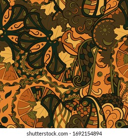 Tracery seamless pattern. Mehndi design. Ethnic colorful doodle texture. Curved doodling background. Vector