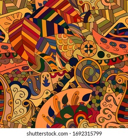 Tracery seamless pattern. Mehndi design. Ethnic colorful doodle texture. Curved doodling background. Vector