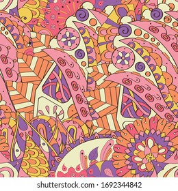 Tracery seamless pattern. Mehndi design. Ethnic colorful doodle texture. Curved doodling background. Vector