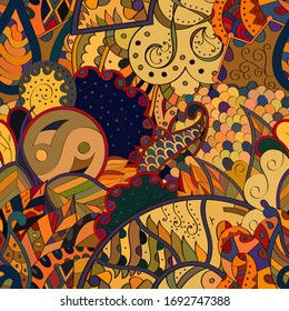 Tracery seamless pattern. Mehndi design. Ethnic colorful doodle texture. Curved doodling background. Vector