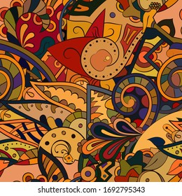 Tracery seamless pattern. Mehndi design. Ethnic colorful doodle texture. Curved doodling background. Vector