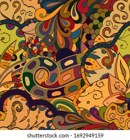 Tracery seamless pattern. Mehndi design. Ethnic colorful doodle texture. Curved doodling background. Vector