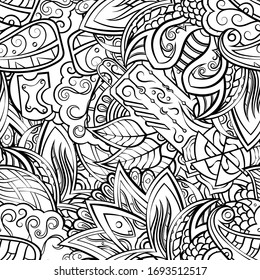 Tracery seamless pattern. Mehndi design. Ethnic monochrome binary doodle texture. Curved doodling black and white background. Vector