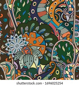 Tracery seamless pattern. Mehndi design. Ethnic colorful doodle texture. Curved doodling background. Vector