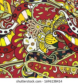 Tracery seamless pattern. Mehndi design. Ethnic colorful doodle texture. Curved doodling background. Vector