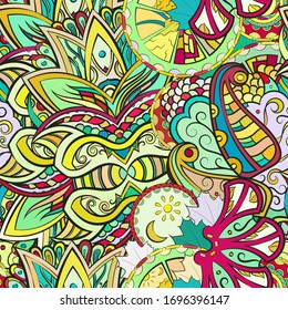 Tracery seamless pattern. Mehndi design. Ethnic colorful doodle texture. Curved doodling background. Vector