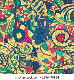 Tracery seamless pattern. Mehndi design. Ethnic colorful doodle texture. Curved doodling background. Vector