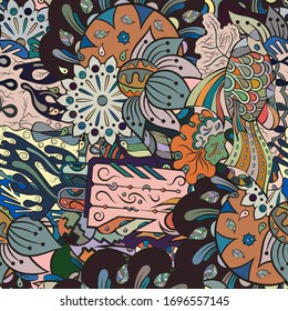 Tracery seamless pattern. Mehndi design. Ethnic colorful doodle texture. Curved doodling background. Vector