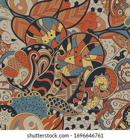 Tracery seamless pattern. Mehndi design. Ethnic colorful doodle texture. Curved doodling background. Vector