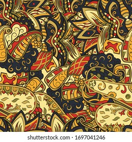 Tracery seamless pattern. Mehndi design. Ethnic colorful doodle texture. Curved doodling background. Vector