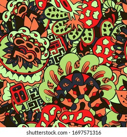 Tracery seamless pattern. Mehndi design. Ethnic colorful doodle texture. Curved doodling background. Vector