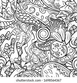 Tracery seamless pattern. Mehndi design. Ethnic monochrome binary doodle texture. Curved doodling black and white background. Vector