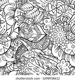 Tracery seamless pattern. Mehndi design. Ethnic monochrome binary doodle texture. Curved doodling black and white background. Vector