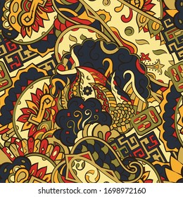 Tracery seamless pattern. Mehndi design. Ethnic colorful doodle texture. Curved doodling background. Vector