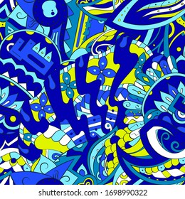 Tracery seamless pattern. Mehndi design. Ethnic colorful doodle texture. Curved doodling background. Vector