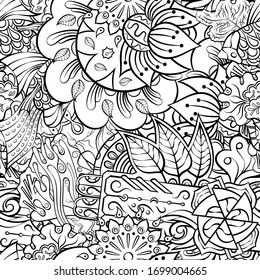 Tracery seamless pattern. Mehndi design. Ethnic monochrome binary doodle texture. Curved doodling black and white background. Vector