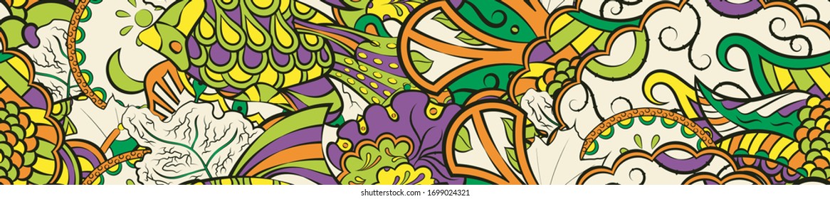 Tracery seamless pattern. Mehndi design. Ethnic colorful doodle texture. Curved doodling background. Vector