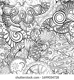 Tracery seamless pattern. Mehndi design. Ethnic monochrome binary doodle texture. Curved doodling black and white background. Vector