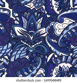 Tracery seamless pattern. Mehndi design. Ethnic colorful doodle texture. Curved doodling background. Vector