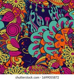 Tracery seamless pattern. Mehndi design. Ethnic colorful doodle texture. Curved doodling background. Vector