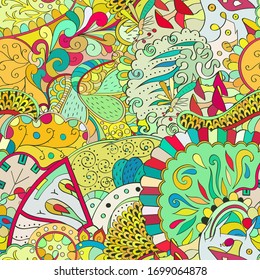 Tracery seamless pattern. Mehndi design. Ethnic colorful doodle texture. Curved doodling background. Vector
