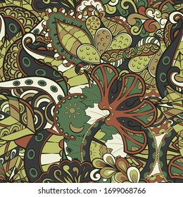 Tracery seamless pattern. Mehndi design. Ethnic colorful doodle texture. Curved doodling background. Vector