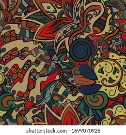 Tracery seamless pattern. Mehndi design. Ethnic colorful doodle texture. Curved doodling background. Vector