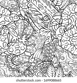 Tracery seamless pattern. Mehndi design. Ethnic monochrome binary doodle texture. Curved doodling black and white background. Vector