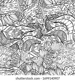 Tracery seamless pattern. Mehndi design. Ethnic monochrome binary doodle texture. Curved doodling black and white background. Vector