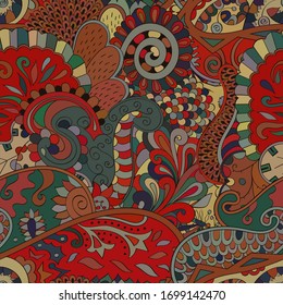 Tracery seamless pattern. Mehndi design. Ethnic colorful doodle texture. Curved doodling background. Vector