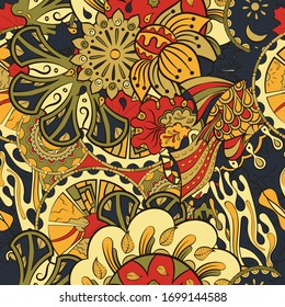 Tracery seamless pattern. Mehndi design. Ethnic colorful doodle texture. Curved doodling background. Vector