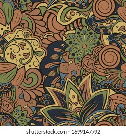 Tracery seamless pattern. Mehndi design. Ethnic colorful doodle texture. Curved doodling background. Vector
