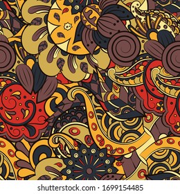 Tracery seamless pattern. Mehndi design. Ethnic colorful doodle texture. Curved doodling background. Vector