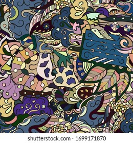 Tracery seamless pattern. Mehndi design. Ethnic colorful doodle texture. Curved doodling background. Vector