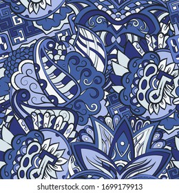 Tracery seamless pattern. Mehndi design. Ethnic colorful doodle texture. Curved doodling background. Vector