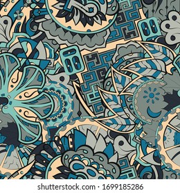 Tracery seamless pattern. Mehndi design. Ethnic colorful doodle texture. Curved doodling background. Vector