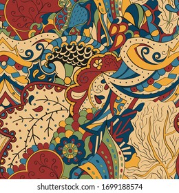 Tracery seamless pattern. Mehndi design. Ethnic colorful doodle texture. Curved doodling background. Vector