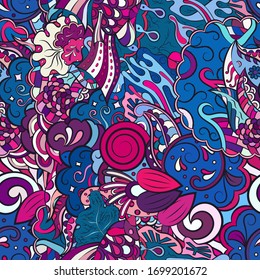 Tracery seamless pattern. Mehndi design. Ethnic colorful doodle texture. Curved doodling background. Vector