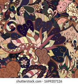 Tracery seamless pattern. Mehndi design. Ethnic colorful doodle texture. Curved doodling background. Vector
