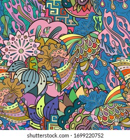 Tracery seamless pattern. Mehndi design. Ethnic colorful doodle texture. Curved doodling background. Vector