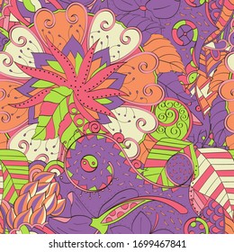 Tracery seamless pattern. Mehndi design. Ethnic colorful doodle texture. Curved doodling background. Vector