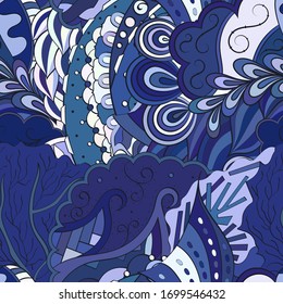 Tracery seamless pattern. Mehndi design. Ethnic colorful doodle texture. Curved doodling background. Vector