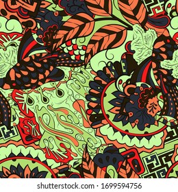 Tracery seamless pattern. Mehndi design. Ethnic colorful doodle texture. Curved doodling background. Vector